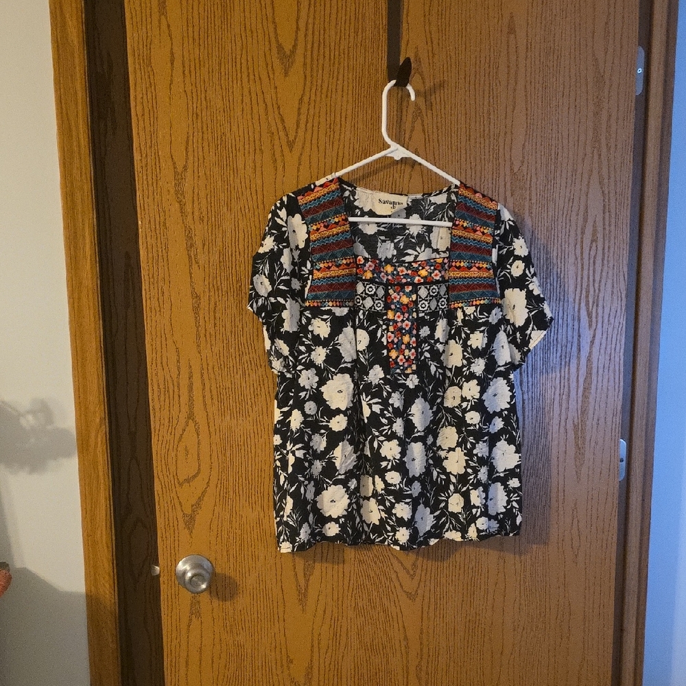 Savanna Jane Black and White Floral Blouse with Colorful Embroidery Washed